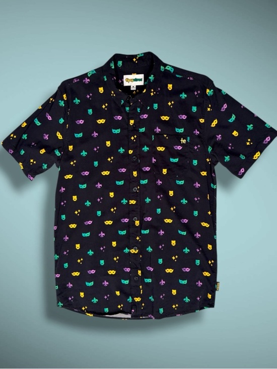 Tipsy Elves Other - Tipsy Elves Button Up Shirt Mens L Black Mardi Gras Mask Party Festival Casual